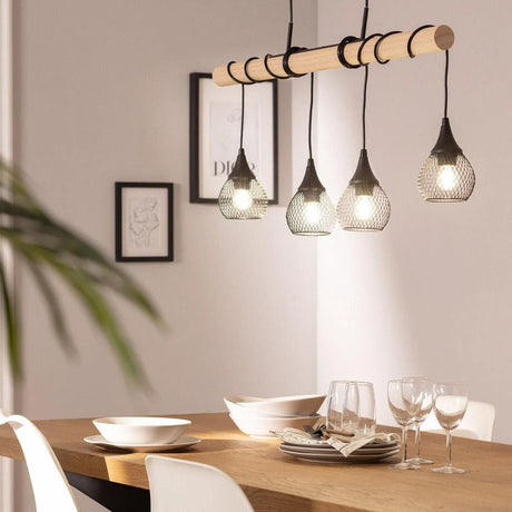 Houten balk tak eettafel hanglamp metaal gaas