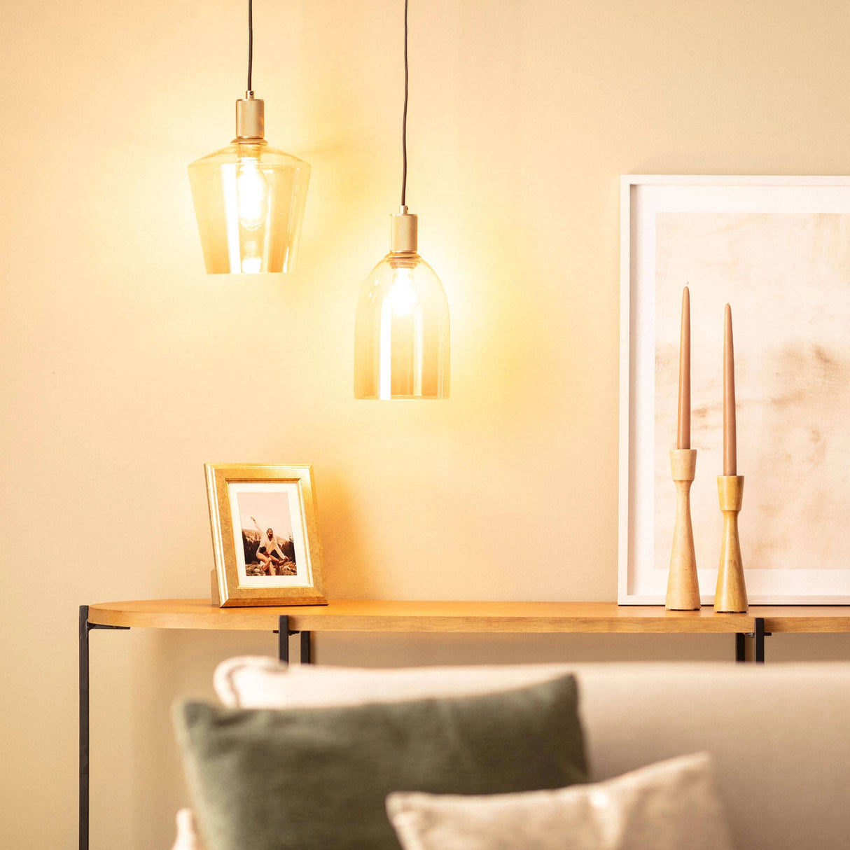 Hanglamp Amber glas Viteo e27 retro Goud