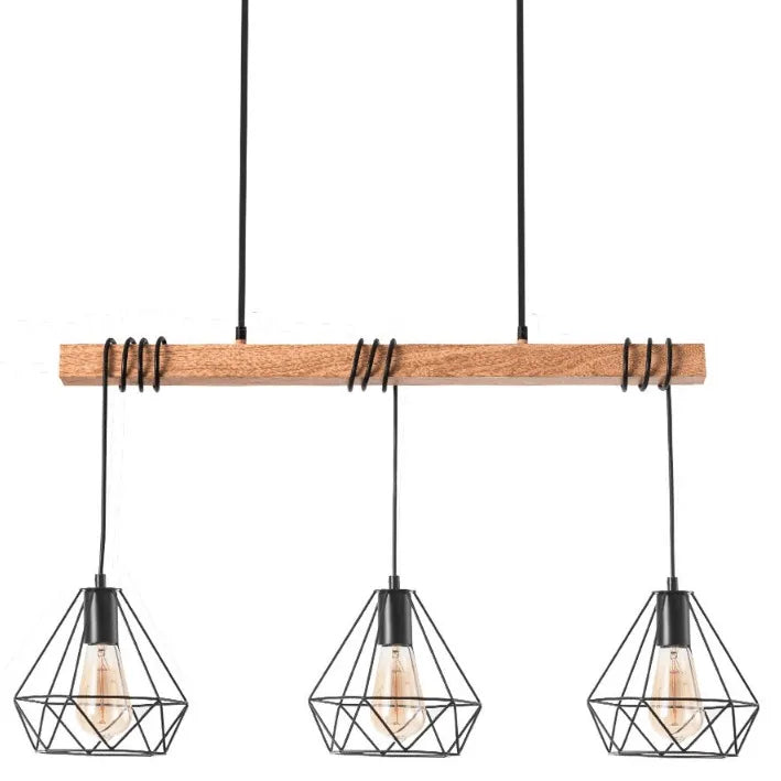 Hanglamp zwart eettafel 'Sardi' houten balk E27 fitting kooilamp modern 70 cm - FOIR
