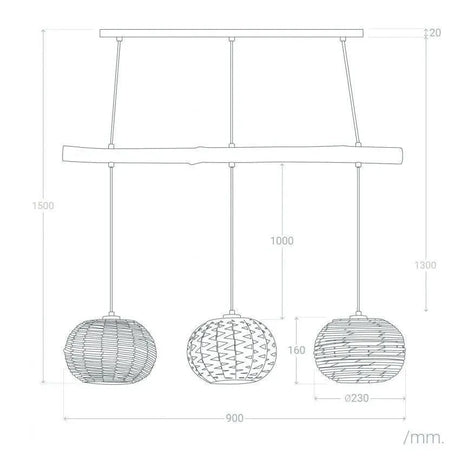 Hanglamp gevlochten 'Linde' 3x E27 fitting houten balk 147cm - FOIR