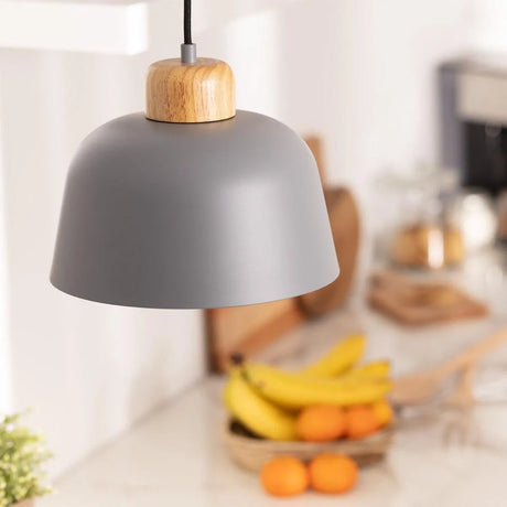 Hanglamp design 'Mawa' e27 fitting metaal hout grijs 260mm - FOIR