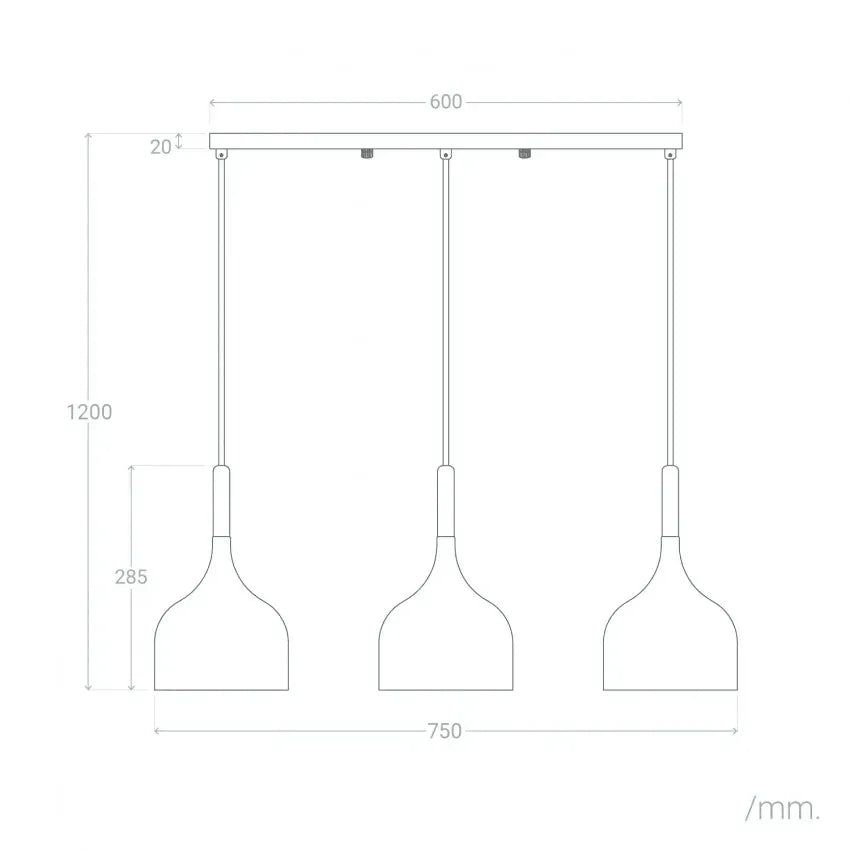 afmeting hanglamp 3 kappen hout en wit boven eettafel breed