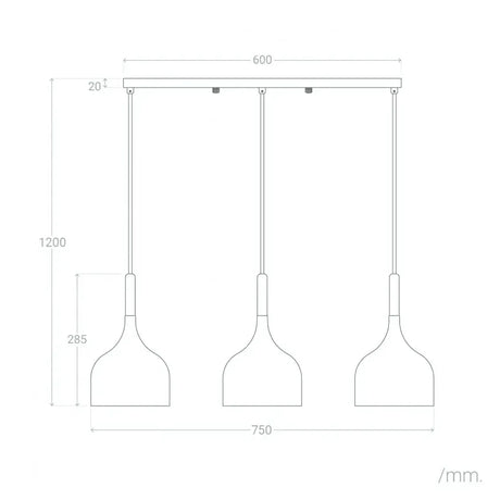 afmeting hanglamp 3 kappen hout en wit boven eettafel breed
