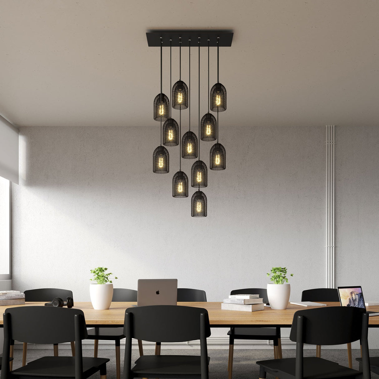 Hanglamp zwart 11 lampen groot eettafel - Metalen kappen