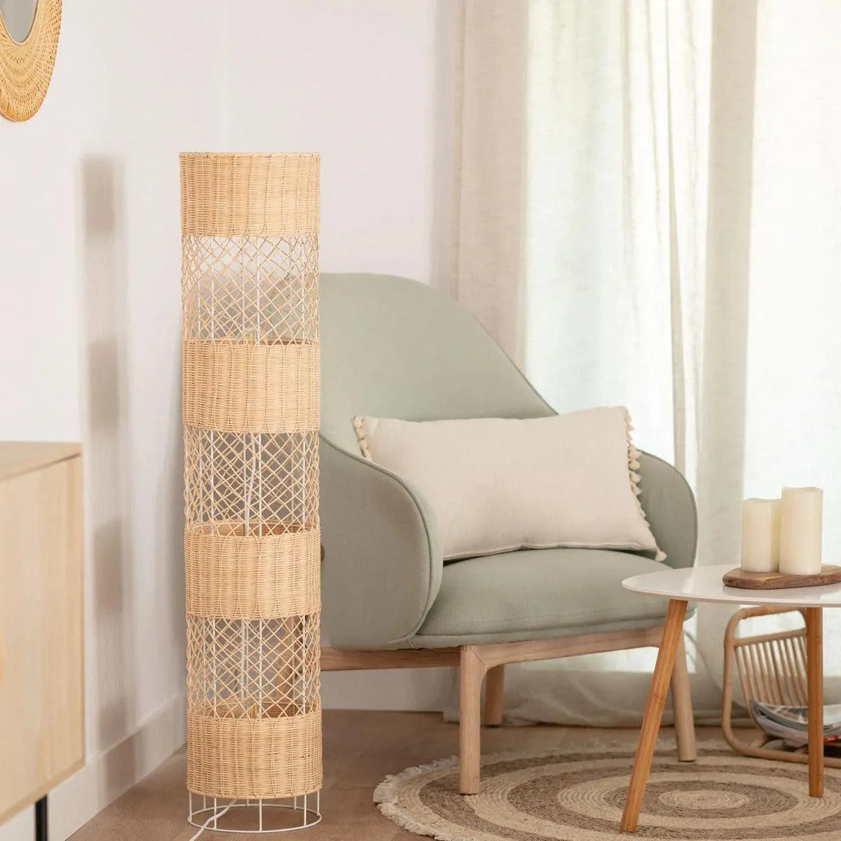 Vloerlamp rotan beige & wit met 2 E27 fittingen en vloerschakelaar 'Garceau' 120cm - FOIR