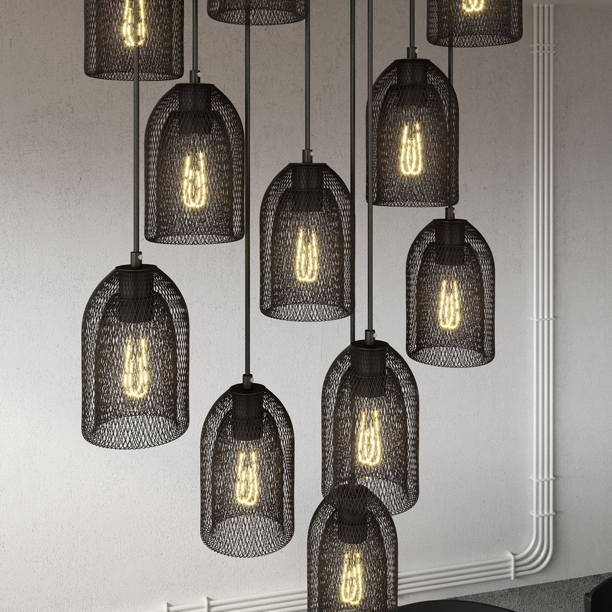 Hanglamp zwart 11 lampen groot eettafel - Metalen kappen