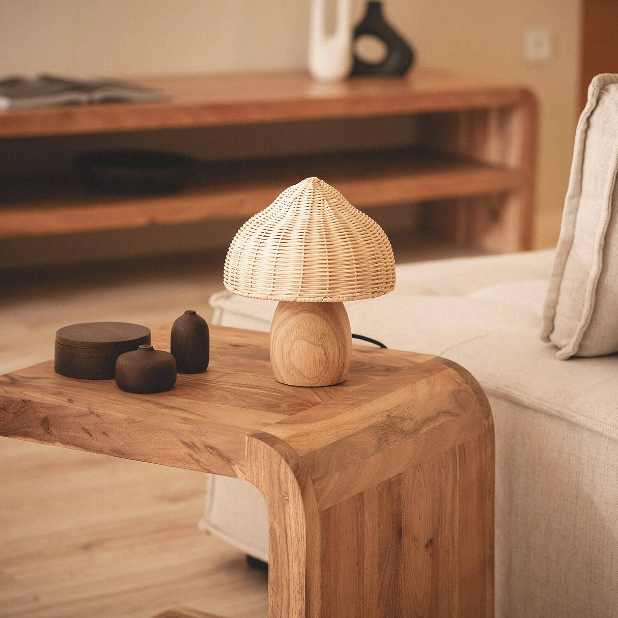 Tafellamp hout Rotan gevlochten paddestoel