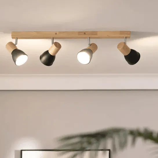 Plafondspot hout zwart 'Karel' vier spots e14 fitting hout modern verstelbaar 670mm - FOIR