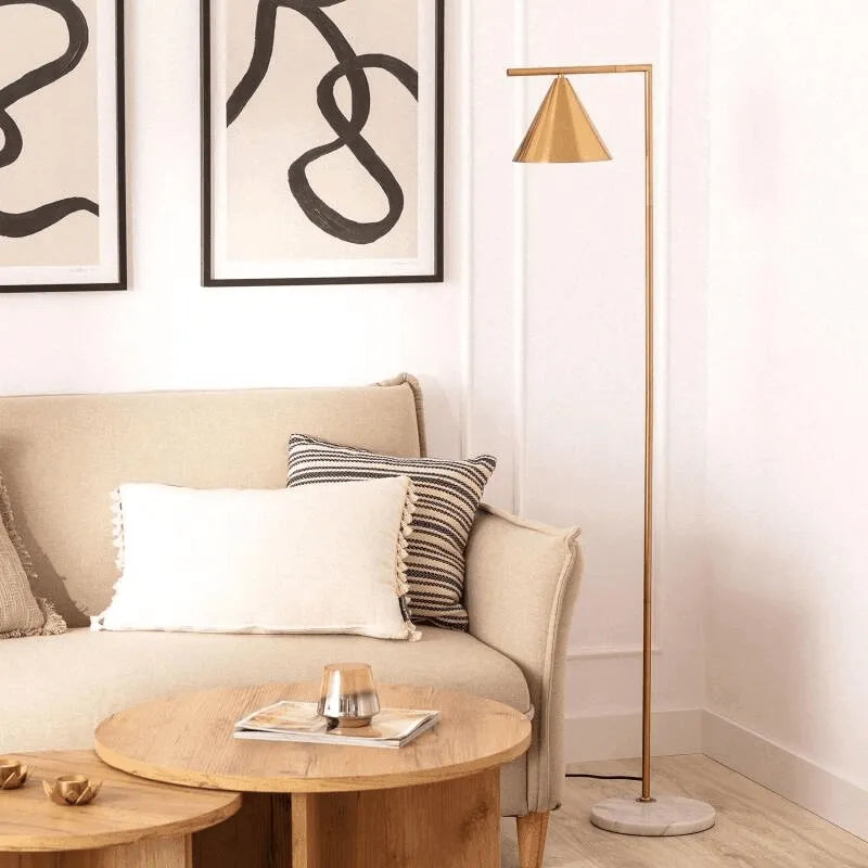 Gouden staande lamp met marmeren voet & E27 fitting 'Marie' 150cm - FOIR