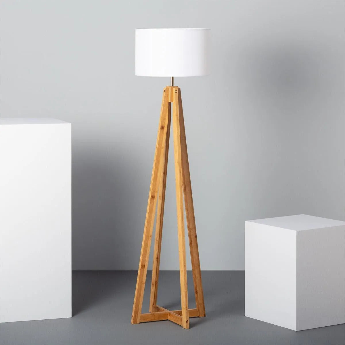 witte Staande lamp houten e27 fitting stoffen kap