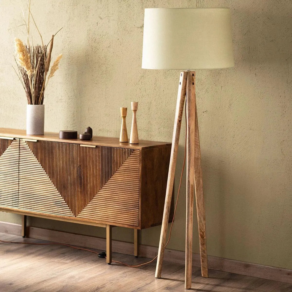 Vloerlamp met 3 houten poten & stoffen E27 fitting 'Melchior' 162 cm - FOIR