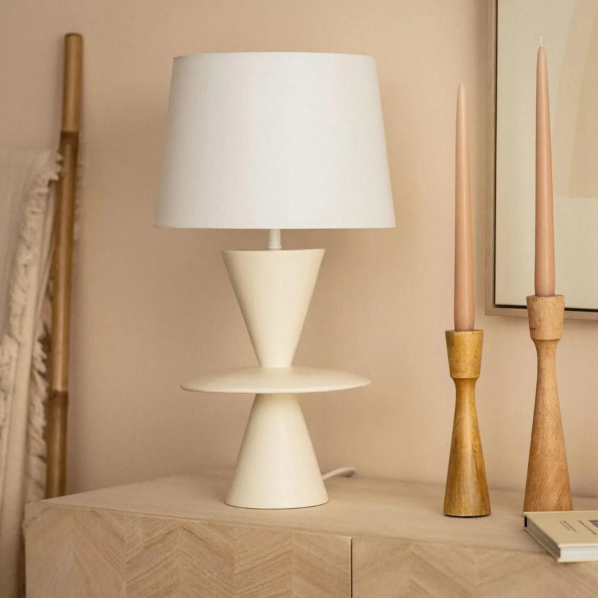 Beige tafellamp modern met stoffen kap E27 fitting stekker en schakelaar 'Kiona' 56cm - FOIR