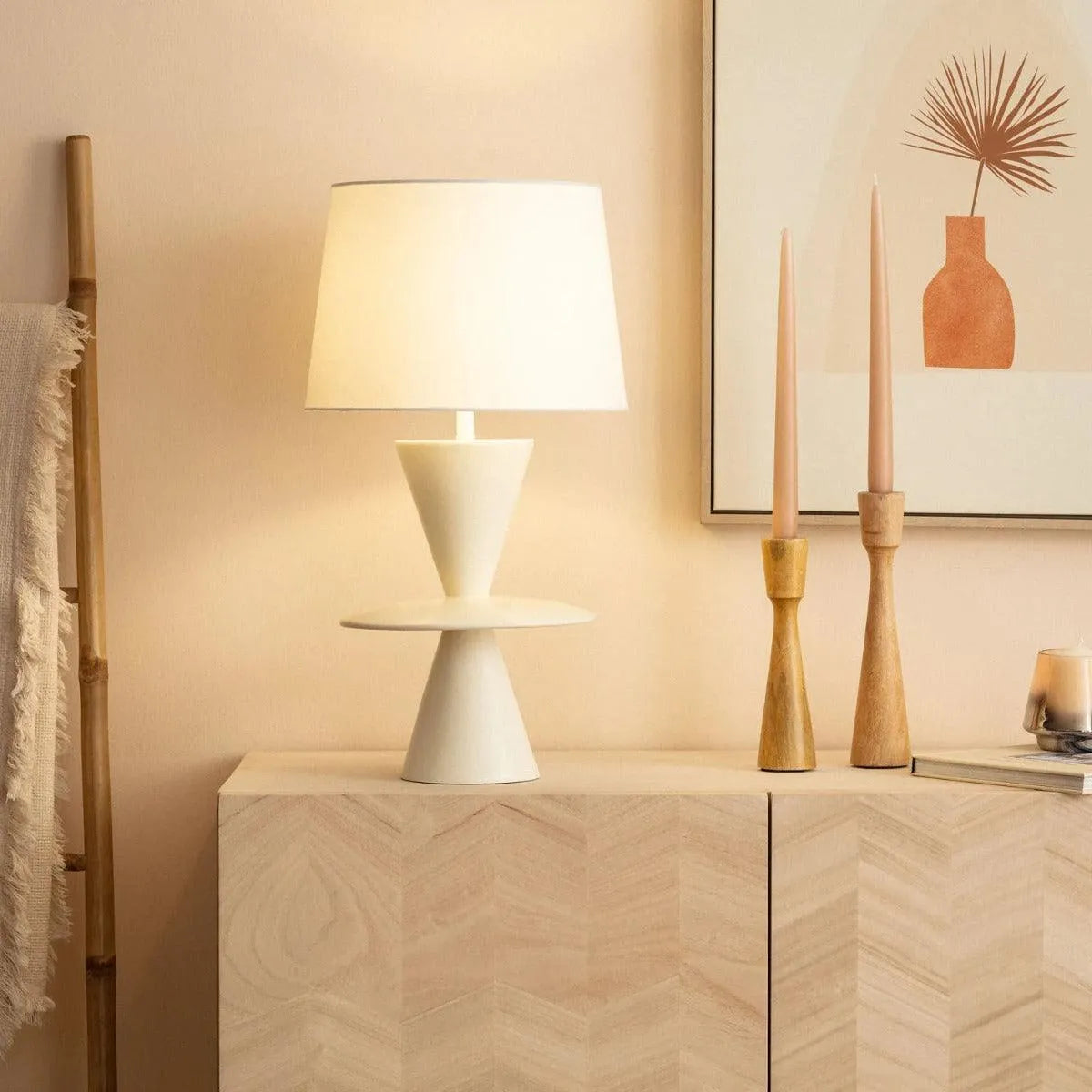 Beige tafellamp modern met stoffen kap E27 fitting stekker en schakelaar 'Kiona' 56cm - FOIR