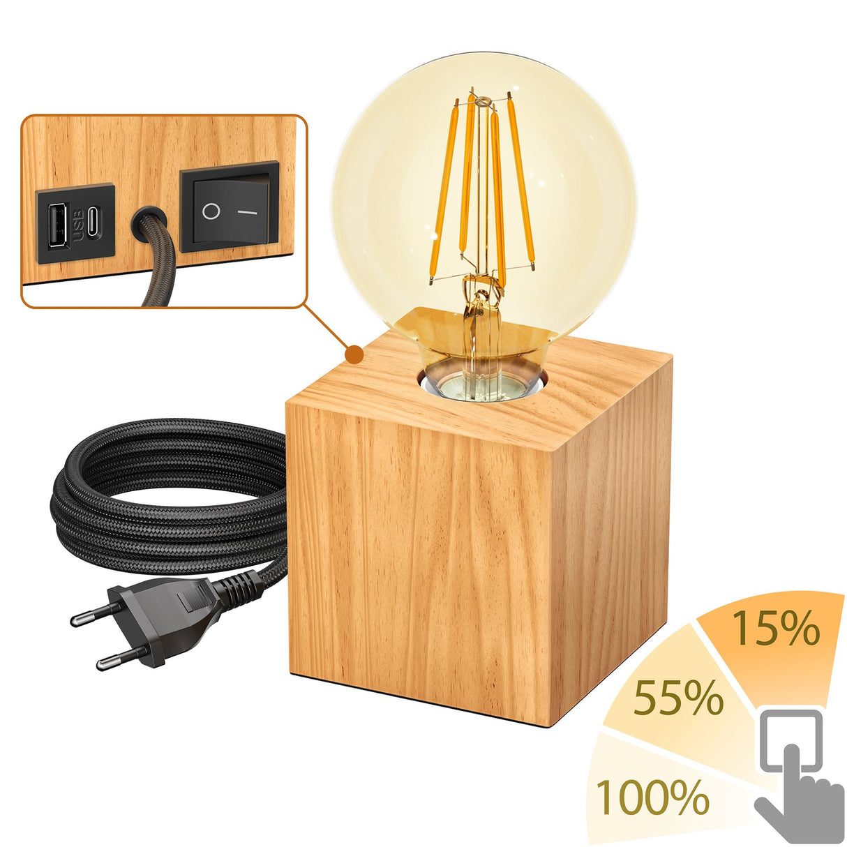 Tafellamp hout met USB en stekker vierkant (zonder lamp)