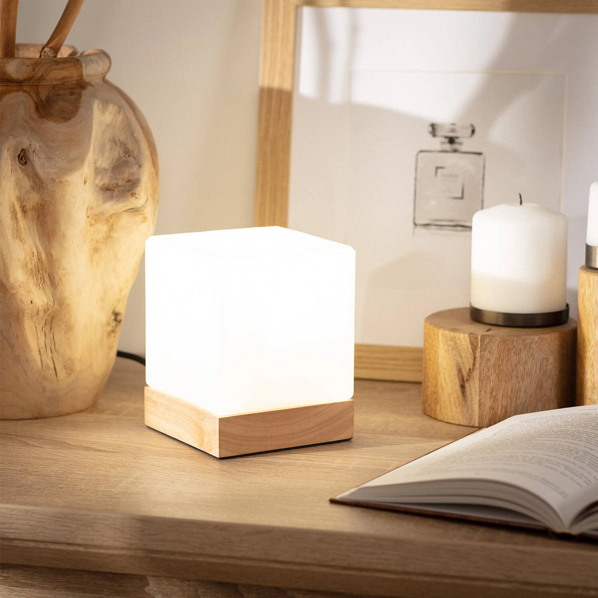 Tafellamp hout 'Versailles' modern e27 fitting vierkant led lamp 15 cm