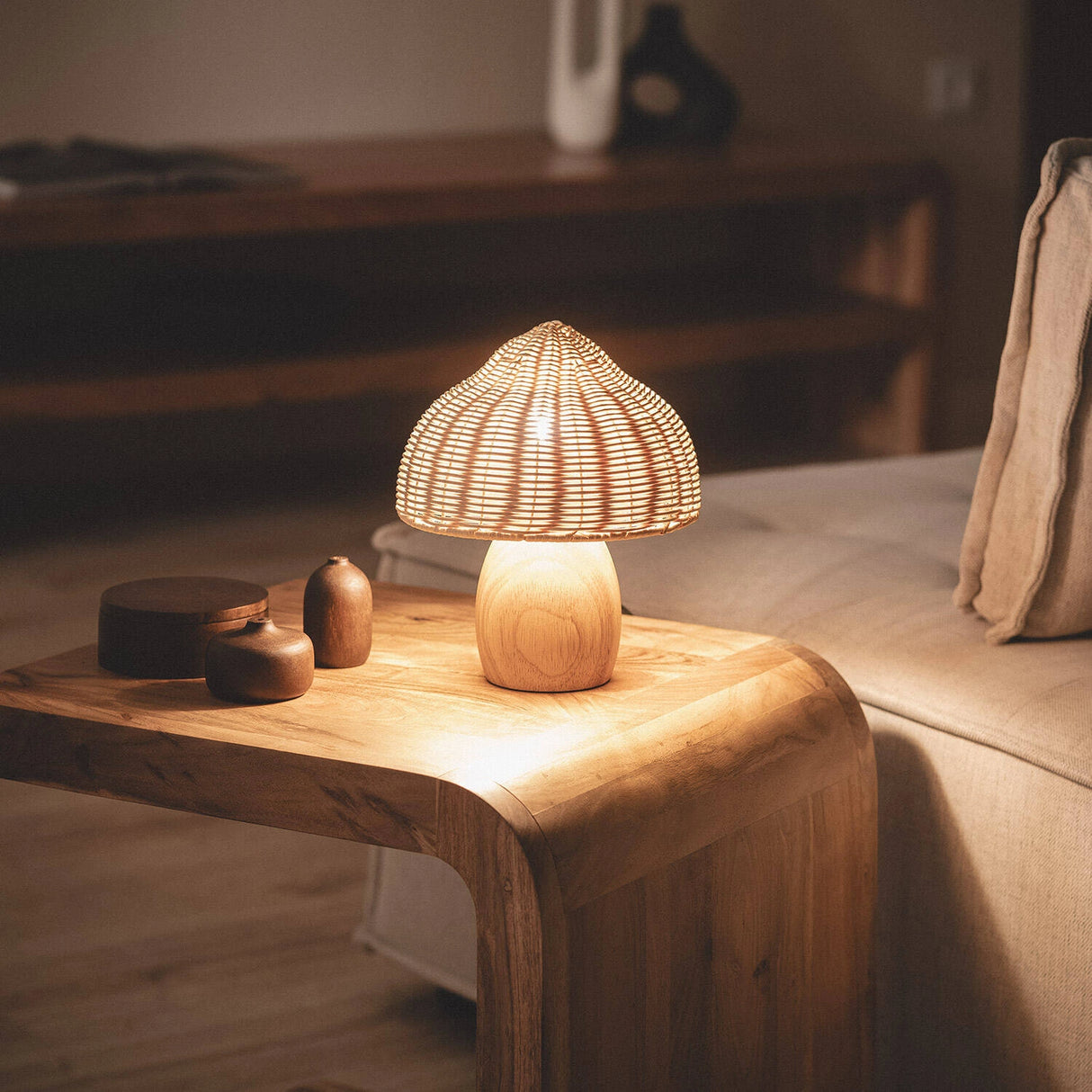 Tafellamp hout Rotan gevlochten paddestoel