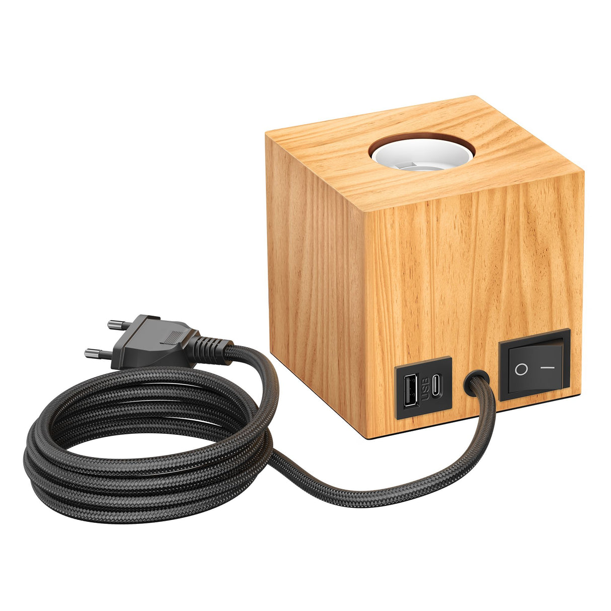 Tafellamp hout met USB en stekker vierkant (zonder lamp)
