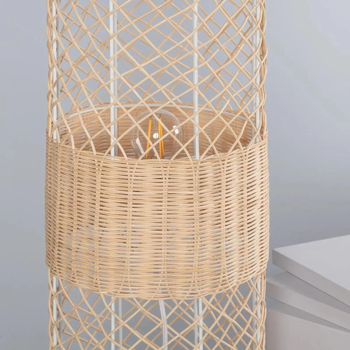 Vloerlamp rotan beige & wit met 2 E27 fittingen en vloerschakelaar 'Garceau' 120cm - FOIR