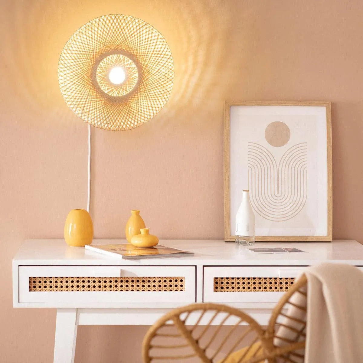 Wandlamp rotan rieten wandlamp bedlampje hout modern