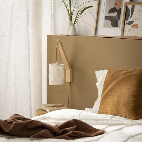 Wandlamp modern stoffen kap 'Kazu' hout textiel E27 fitting stof modern - FOIR