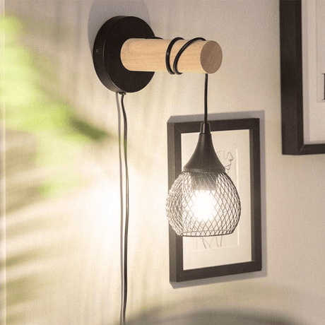 Wandlamp slaapkamer zwart 'Mona' met stekker E27 fitting hout kooi industrieel - FOIR