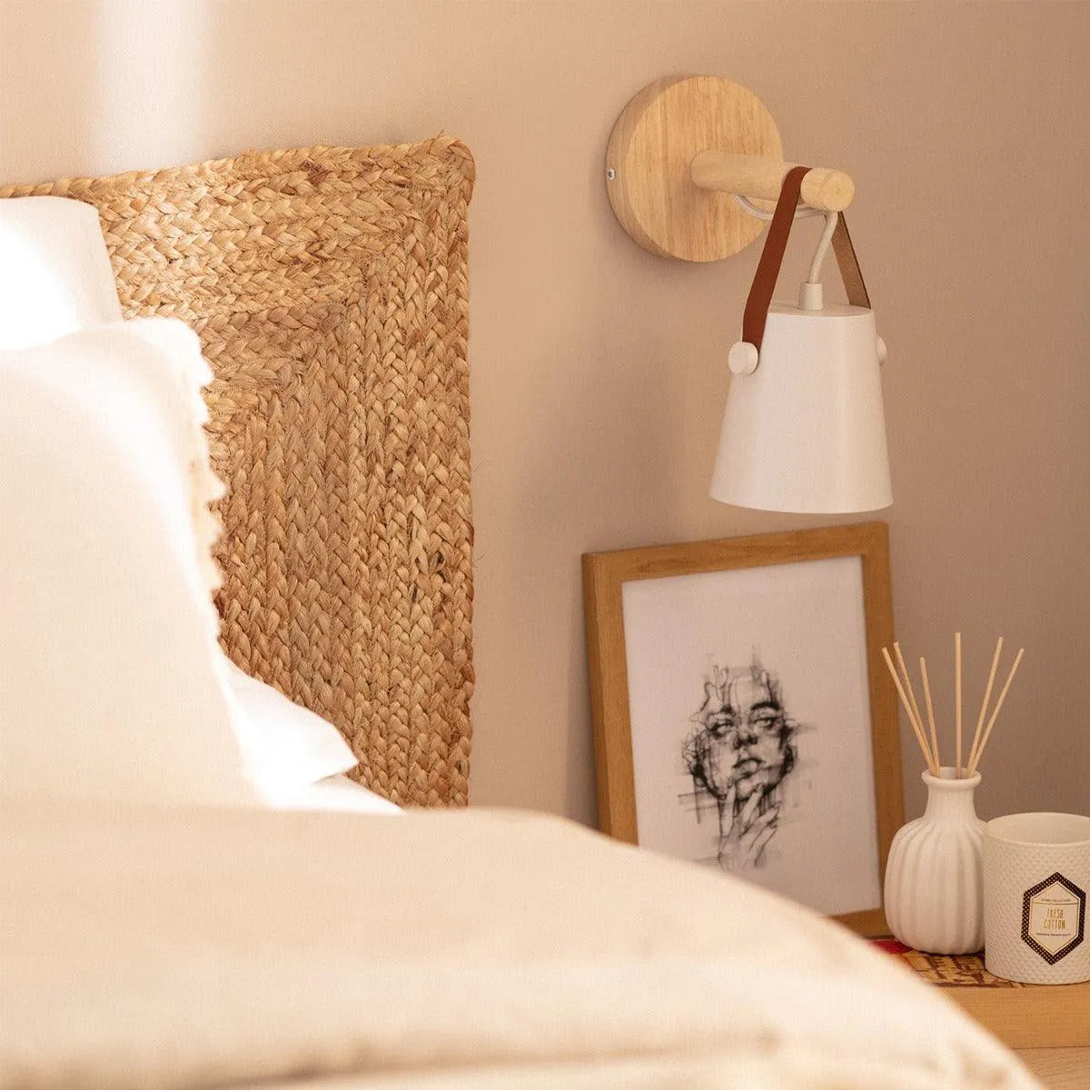 wandlamp slaapkamer hout metaal wit e14 fitting