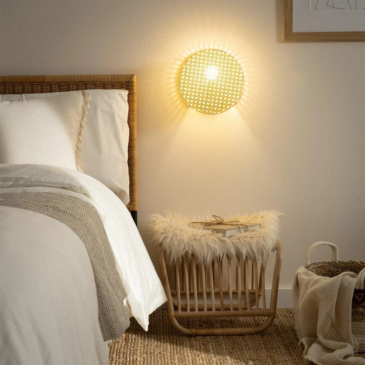 Wandlamp retro 'Marco' vintage e14 fitting rotan rond 20 cm - FOIR
