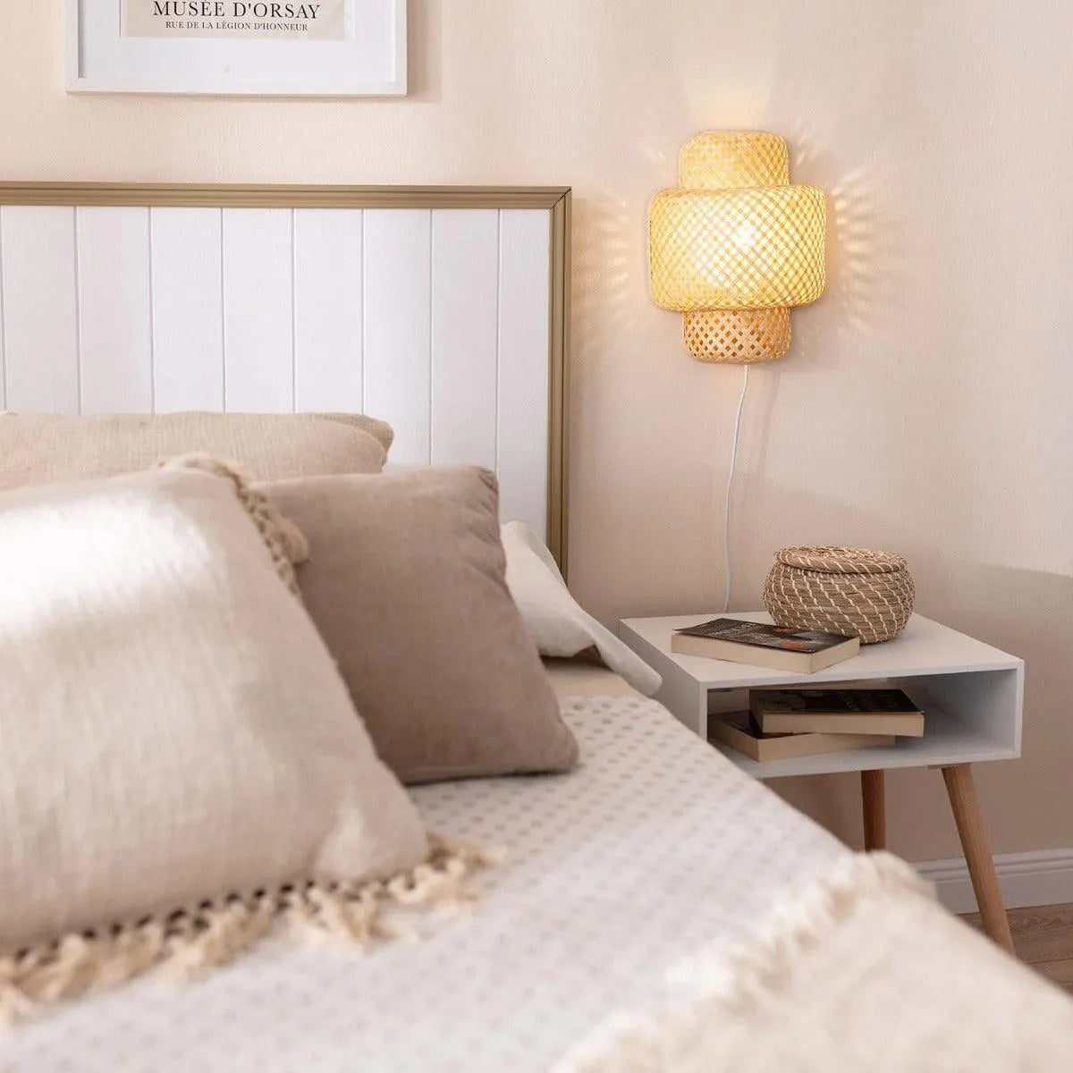 Wandlamp slaapkamer rotan 'Naga' E27 fitting met stekker 30 cm - FOIR