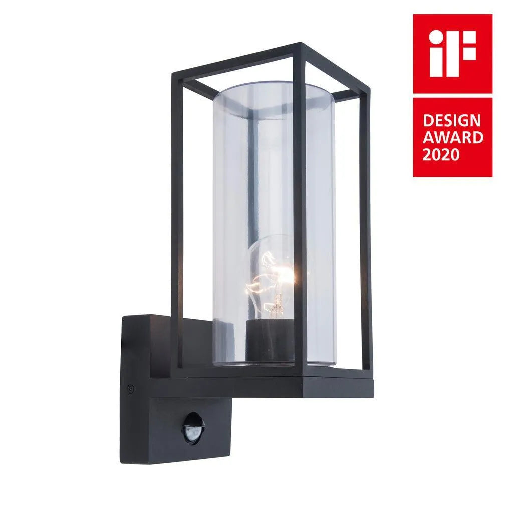 Buitenlamp zwart glas e27 fitting modern bewegingsmelder