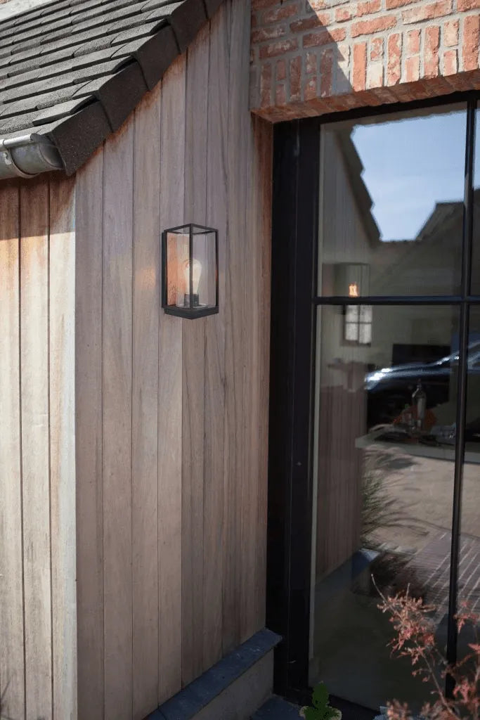 Buitenlamp glas zwart Flair wandlamp & hout E27 fitting 26cm - FOIR