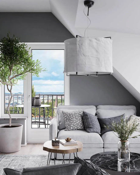 Grote hanglamp zwart en wit met stoffen kap en E27 fitting By Rydens Softy - FOIR