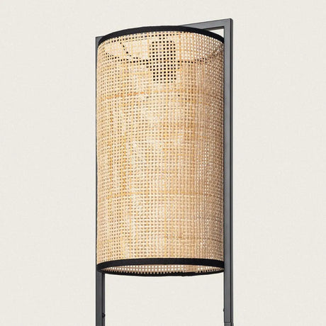 Staande vloerlamp zwart metaal & bruine rotan kap E27 fitting vloerschakelaar 'Holly' 139 cm - FOIR