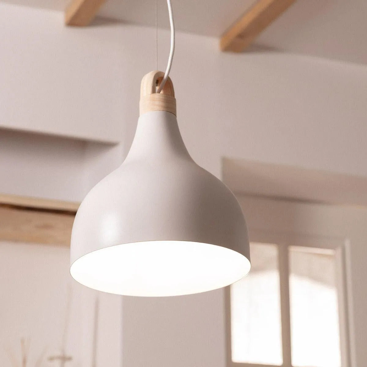 Witte hanglamp met hout metaal e27 fitting 