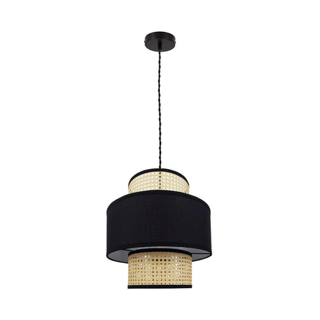 open hanglamp zwarte kap en bamboe met kleine plafondkap 