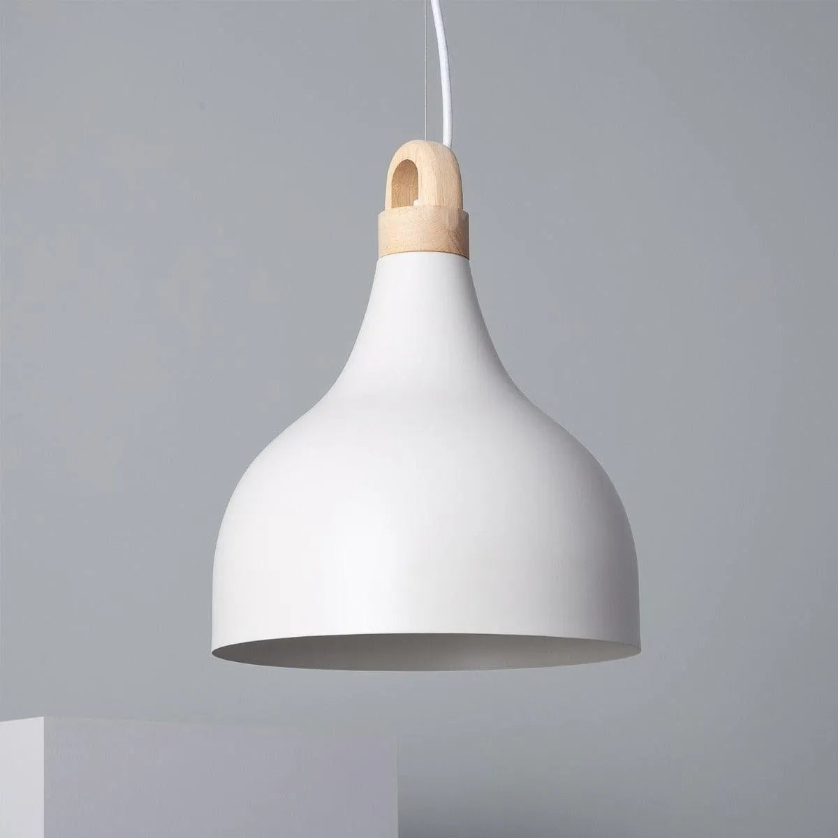 Houten hanglamp wit metaal rond led lamp