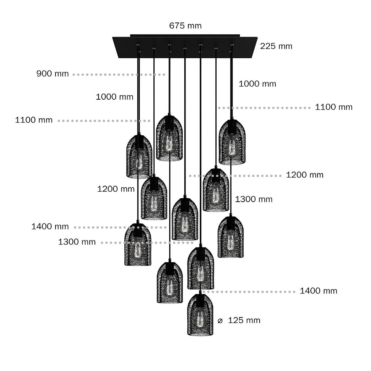 Hanglamp zwart 11 lampen groot eettafel - Metalen kappen