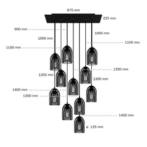Hanglamp zwart 11 lampen groot eettafel - Metalen kappen