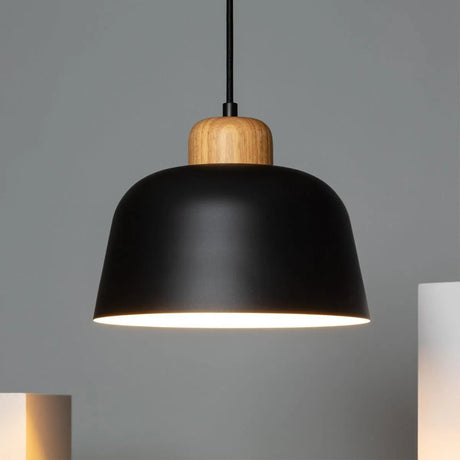 Hout hanglamp zwart metaal e27 fitting rond 