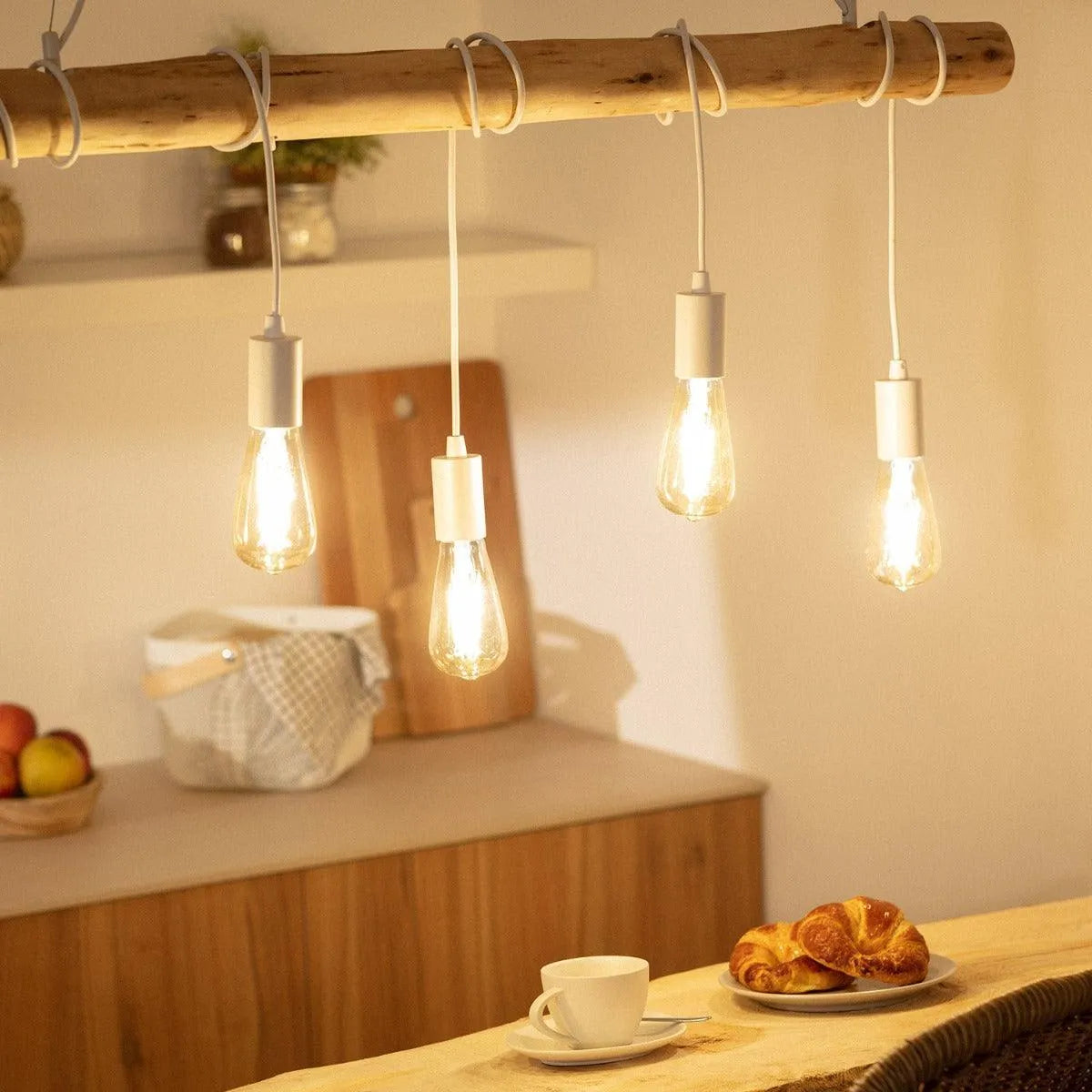 hanglamp houten balk wit stoffen snoer led lamp 