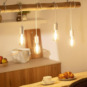 hanglamp houten balk wit stoffen snoer led lamp 