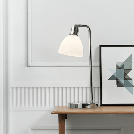 Kleine tafellamp opaalglazen kap & chrome met schakelaar en E14 fitting 'Nordlux Ray' - FOIR