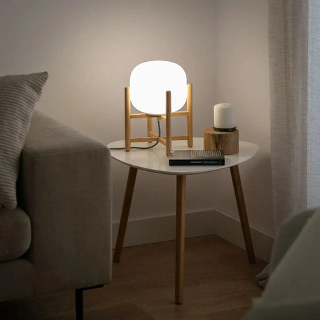 Tafellamp hout en opaalglas met stekker schakelaar en E27 fitting 'Givano' - FOIR