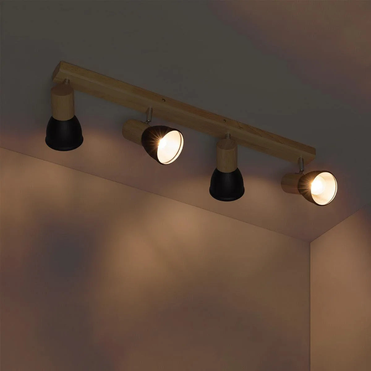 Plafondspot hout zwart 'Karel' vier spots e14 fitting hout modern verstelbaar 670mm - FOIR