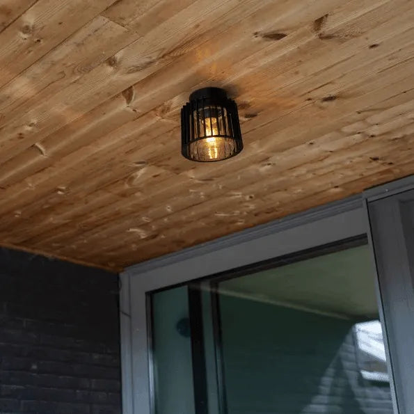Plafondlamp rond buiten zwart metaal en glas e27 Shyne - FOIR