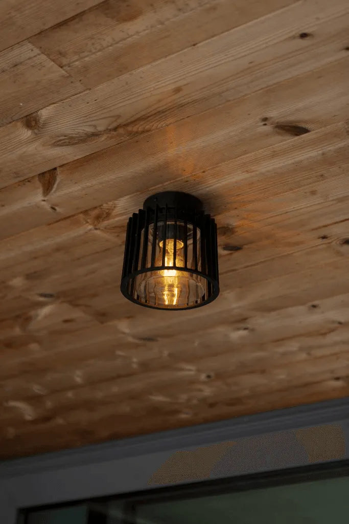Plafondlamp rond buiten zwart metaal en glas e27 Shyne - FOIR
