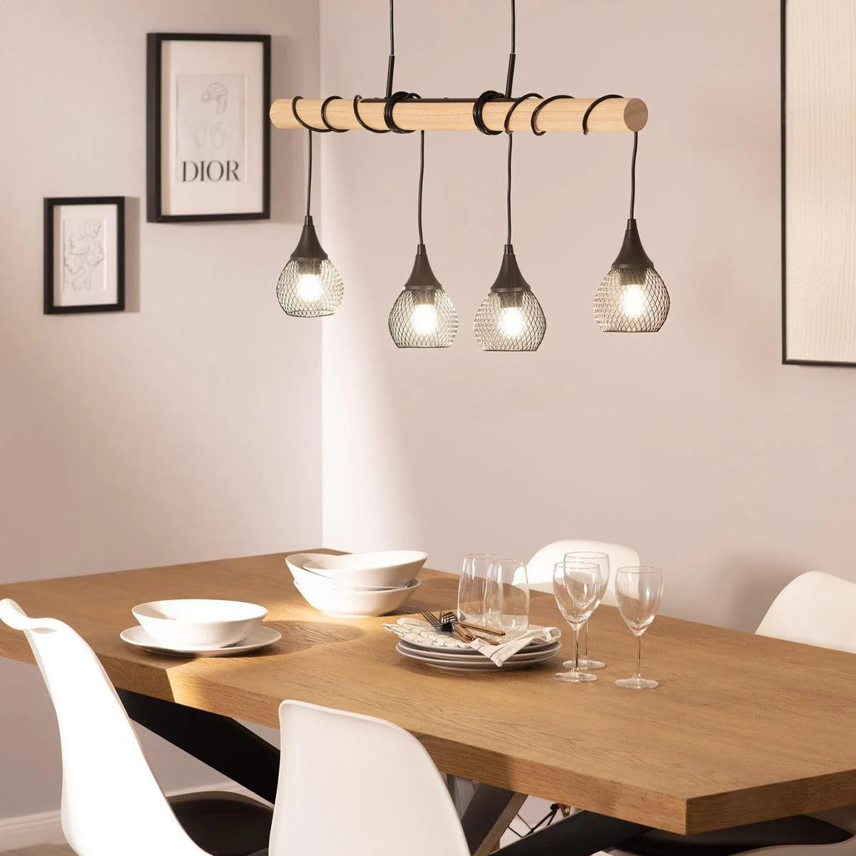 Hanglamp eettafel hout 'Mona' zwart modern balk E27 fitting