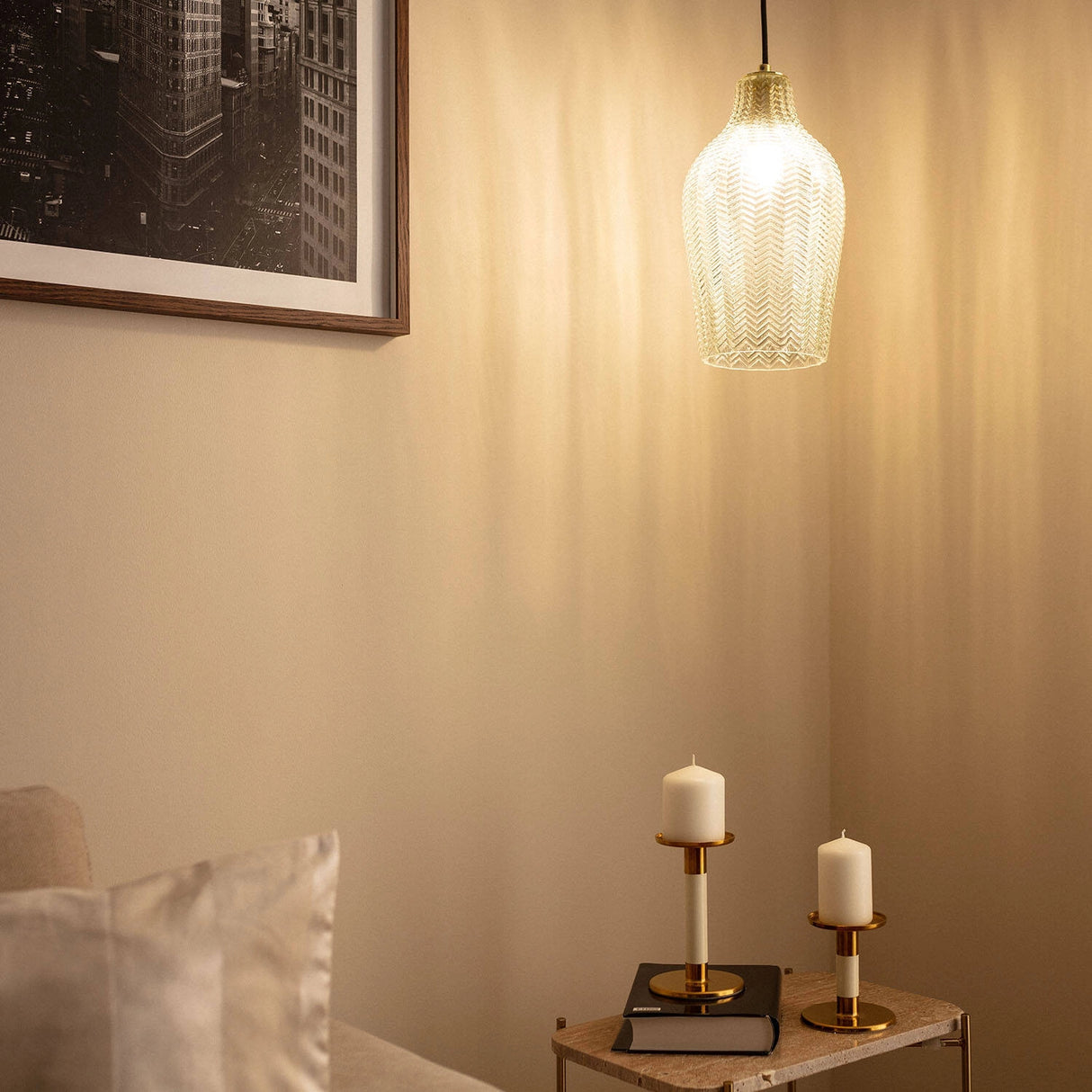 Hanglamp glas Ribbel e27 Retro goud