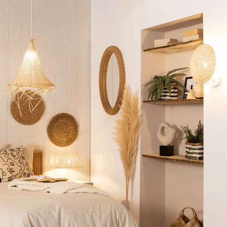 Kleine tafellamp wit met rotan kap schakelaar en E27 fitting 'Janice'-Wit - FOIR