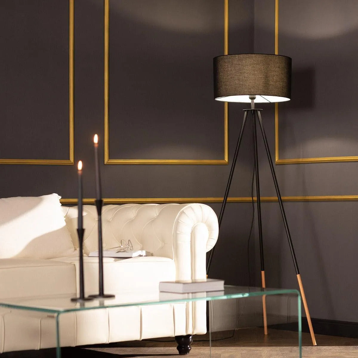 Staande lamp zwart driepoot Grote vloerlamp zwart houten poten vloerschakelaar 