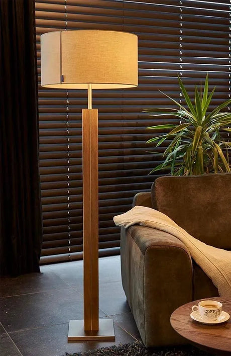 Staande lamp hout eiken modern stoffen kap vloerlamp 
